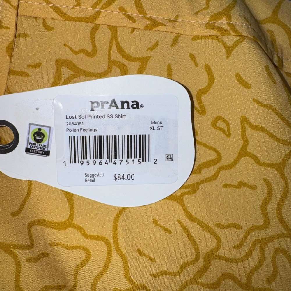prAna Lost Sol Printed SS Shirt Mens Pollen Feelings Yellow XL NEW - Picture 4 of 10